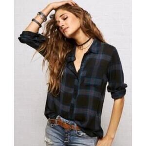 Don't Ask Why American Eagle Navy Plaid Button Up Made in Italy Shirt OSFM